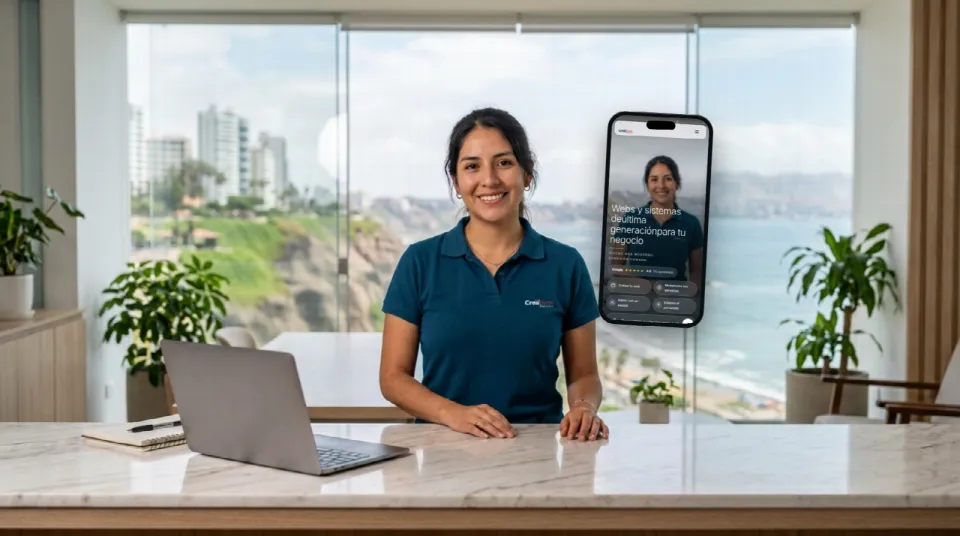 Mujer sonriendo en una oficina con una laptop y un celular