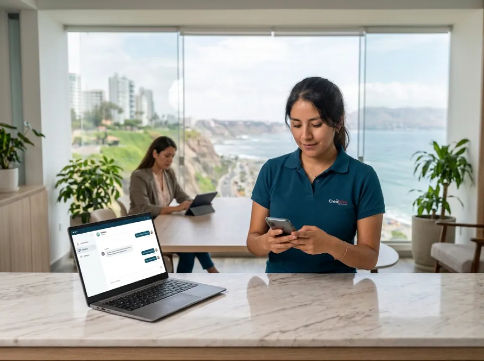 Valeria trabajando en un proyecto de agentes de ia para whatsapp en la oficina de MD7